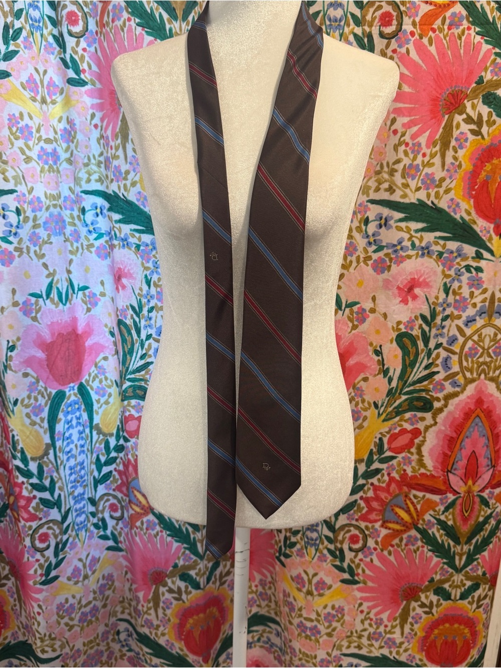 Vintage Dior Brown Striped Silk Tie with Blue and Red Accents
